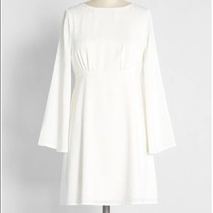 White babydoll dress long bell sleeve 1960s jacquard mini ModCloth
